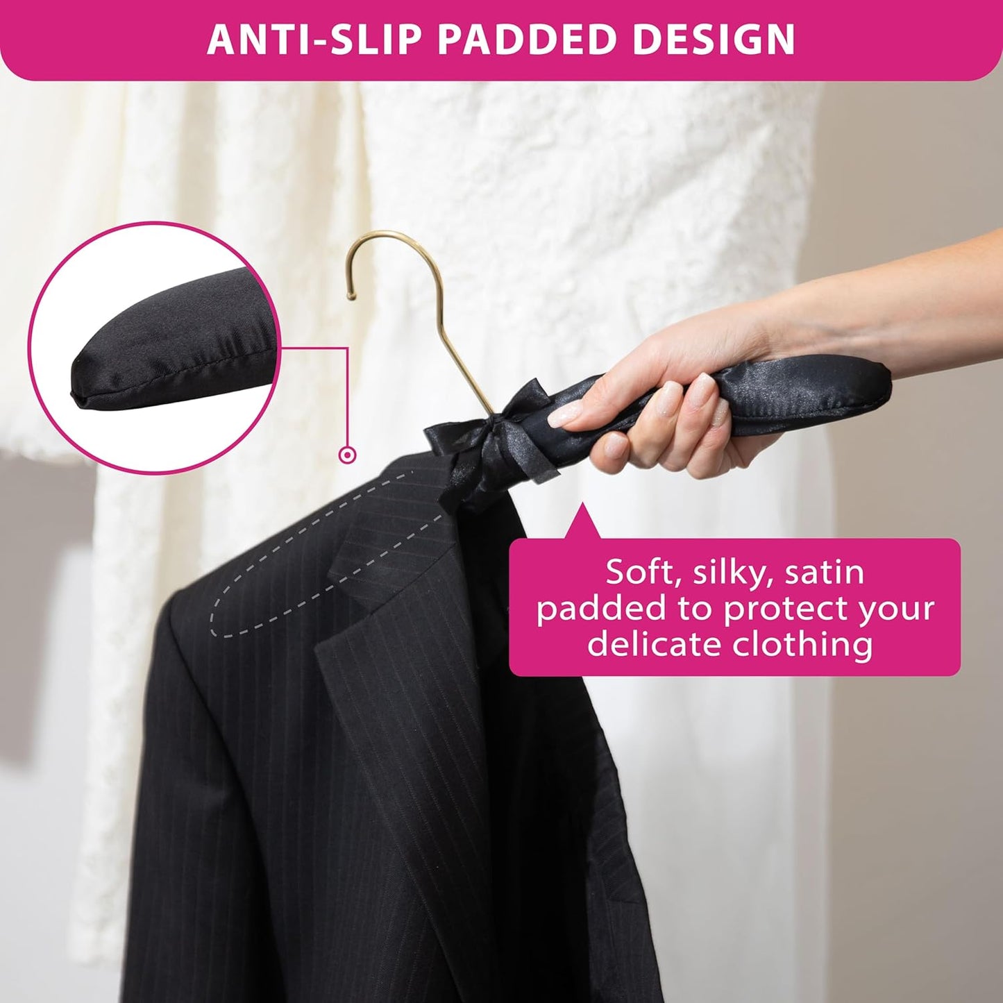 Padded Clothing Fabric Hangers for Women Clothing - Set of 12 Premium Hangers for Closet, Bride Hanger for Wedding Dress, Sweater - Black