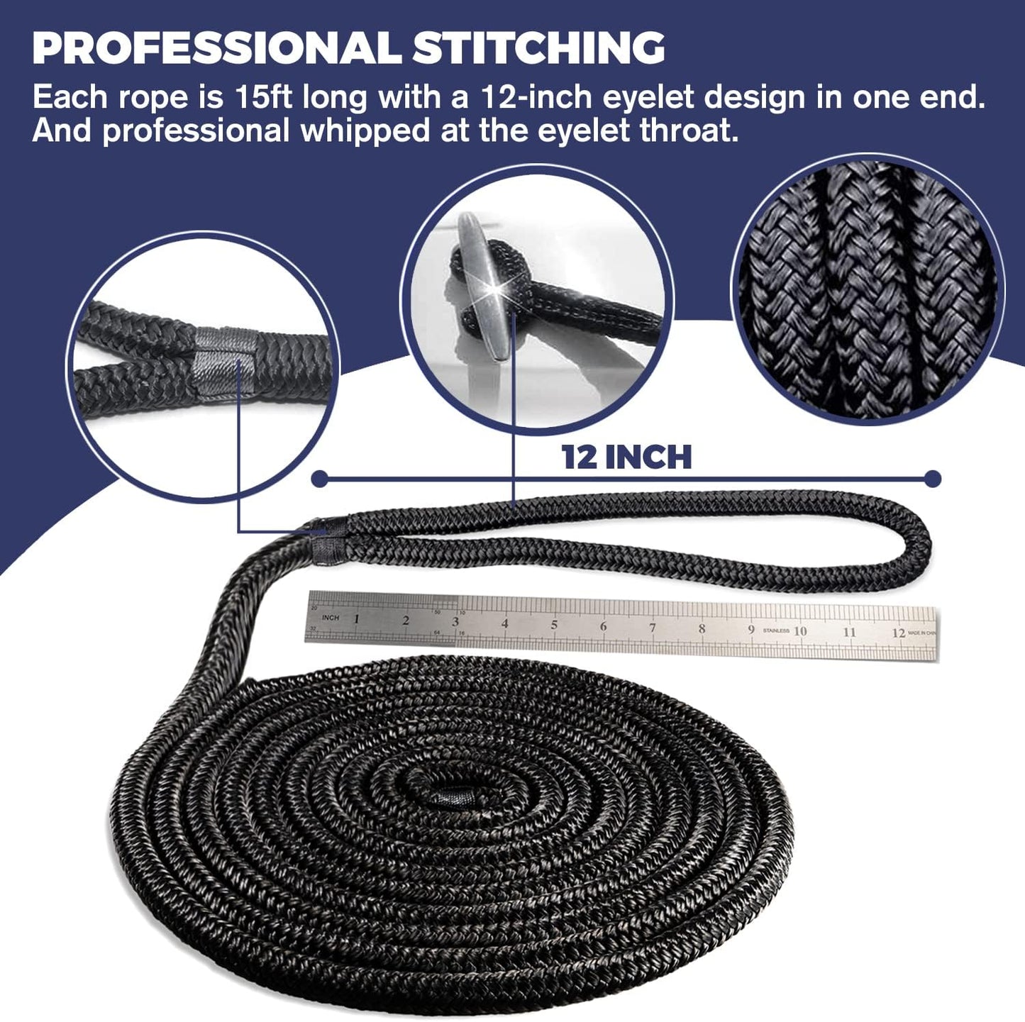 - Double Braided Nylon Dock Line - Boat Rope - Marine and Pontoon Accessories - Braided, Reinforced Boat Ropes and Ties for Docking - Stretch Resistant with 12” Spliced Loop for Mooring