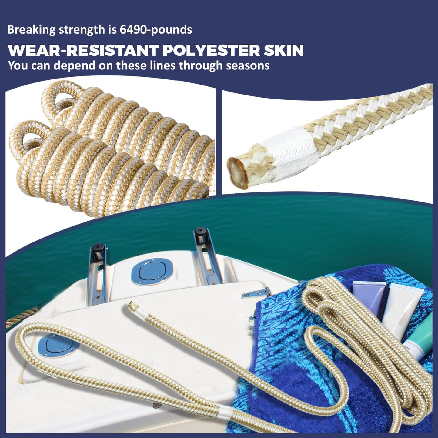 - Double Braided Nylon Dock Line - Boat Rope - Marine and Pontoon Accessories - Braided, Reinforced Boat Ropes and Ties for Docking - Stretch Resistant with 12” Spliced Loop for Mooring