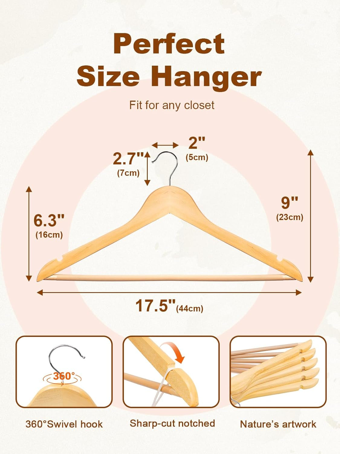 Wooden Hangers 20 Pack, Solid Wood Hanger with Non Slip Pant Bar, Heavy Duty Wooden Coat Hanger for Closet, Smooth Finish Wood Clothes Hangers for Shirts, Suits, Jackets, Dresses, Natural