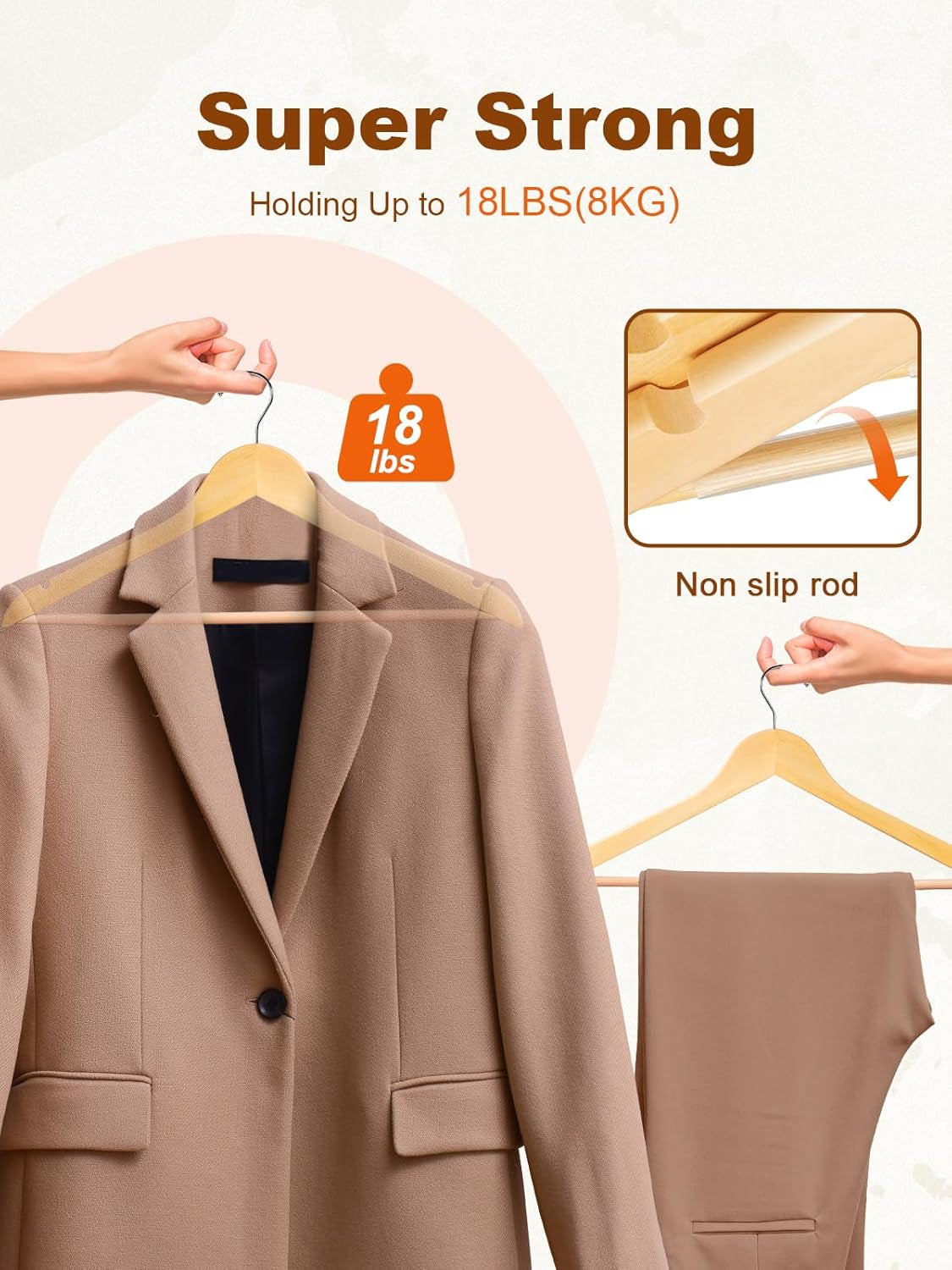 Wooden Hangers 20 Pack, Solid Wood Hanger with Non Slip Pant Bar, Heavy Duty Wooden Coat Hanger for Closet, Smooth Finish Wood Clothes Hangers for Shirts, Suits, Jackets, Dresses, Natural