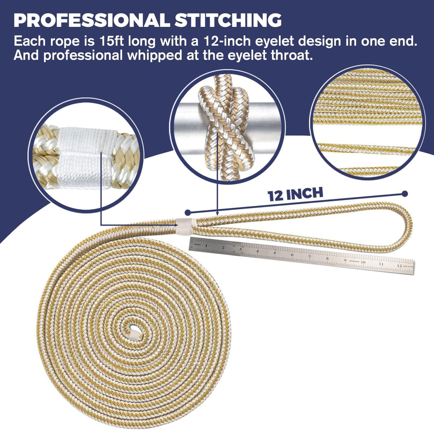- Double Braided Nylon Dock Line - Boat Rope - Marine and Pontoon Accessories - Braided, Reinforced Boat Ropes and Ties for Docking - Stretch Resistant with 12” Spliced Loop for Mooring
