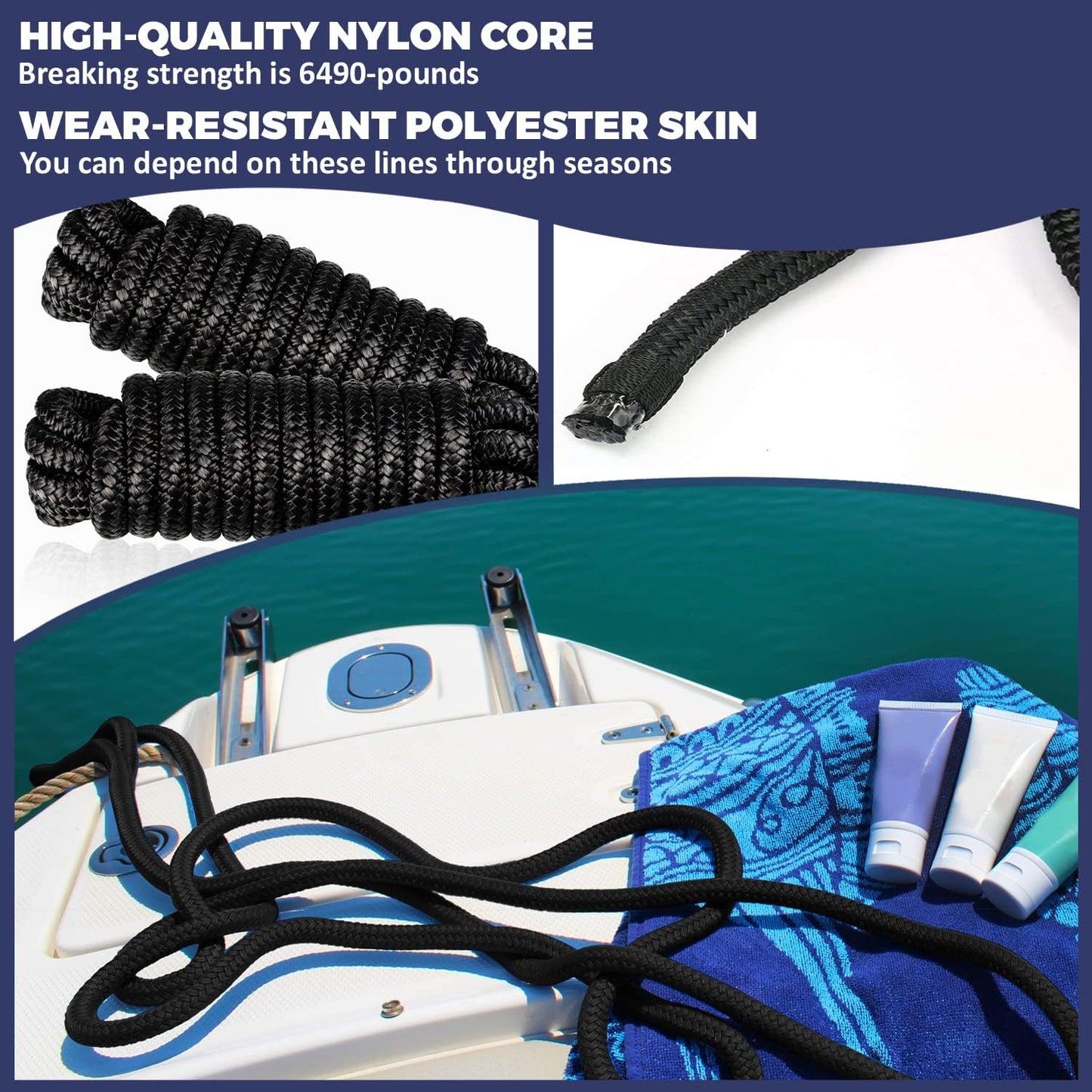 - Double Braided Nylon Dock Line - Boat Rope - Marine and Pontoon Accessories - Braided, Reinforced Boat Ropes and Ties for Docking - Stretch Resistant with 12” Spliced Loop for Mooring