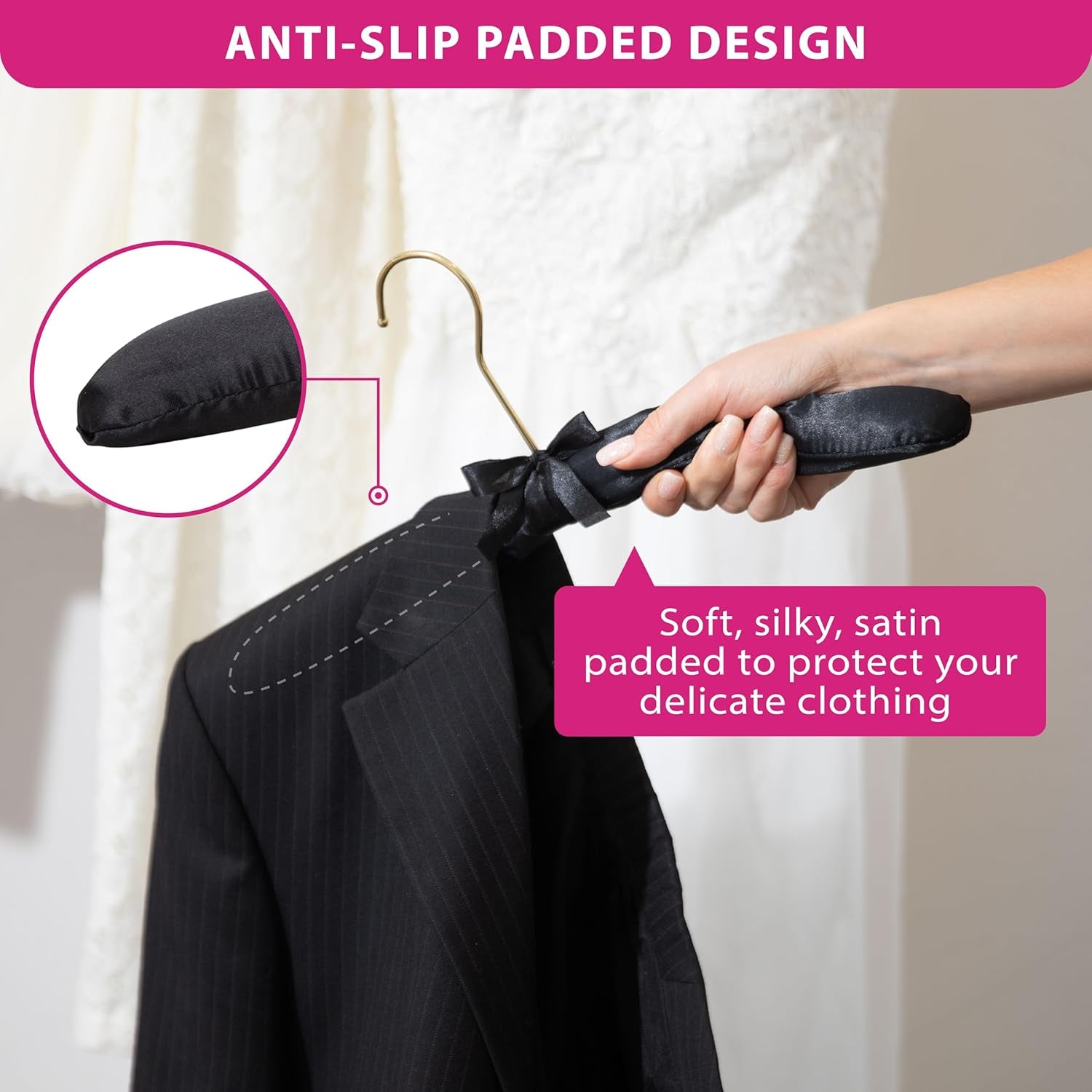Padded Clothing Fabric Hangers for Women Clothing - Set of 12 Premium Hangers for Closet, Bride Hanger for Wedding Dress, Sweater - Black