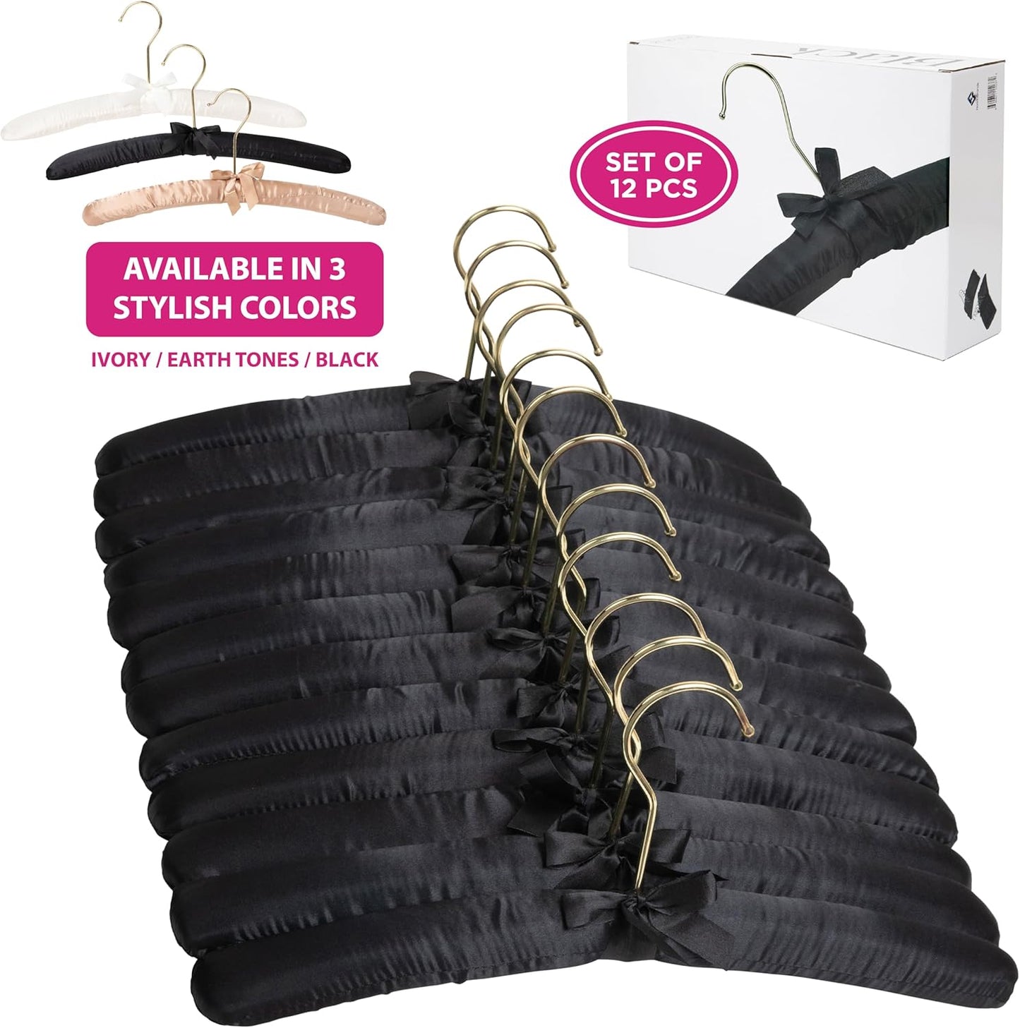 Padded Clothing Fabric Hangers for Women Clothing - Set of 12 Premium Hangers for Closet, Bride Hanger for Wedding Dress, Sweater - Black