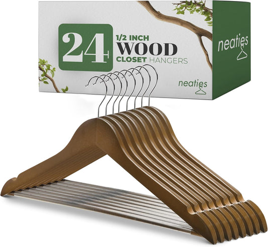 Wood Hangers 24 Pack - Grade a Wooden Hangers Bulk, Anti-Rust Swivel Hook - Non-Slip Smooth Finish - Double Notch Feature - Durable and Stylish Clothes Hangers Wood (Walnut 24 Pack)