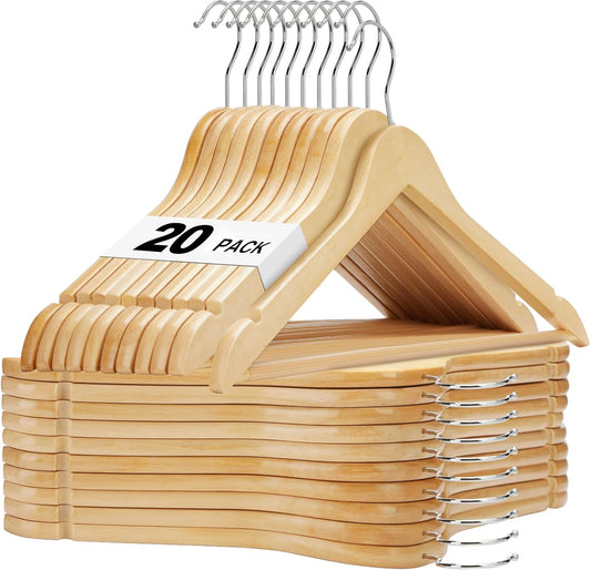 Wooden Hangers 20 Pack, Solid Wood Hanger with Non Slip Pant Bar, Heavy Duty Wooden Coat Hanger for Closet, Smooth Finish Wood Clothes Hangers for Shirts, Suits, Jackets, Dresses, Natural