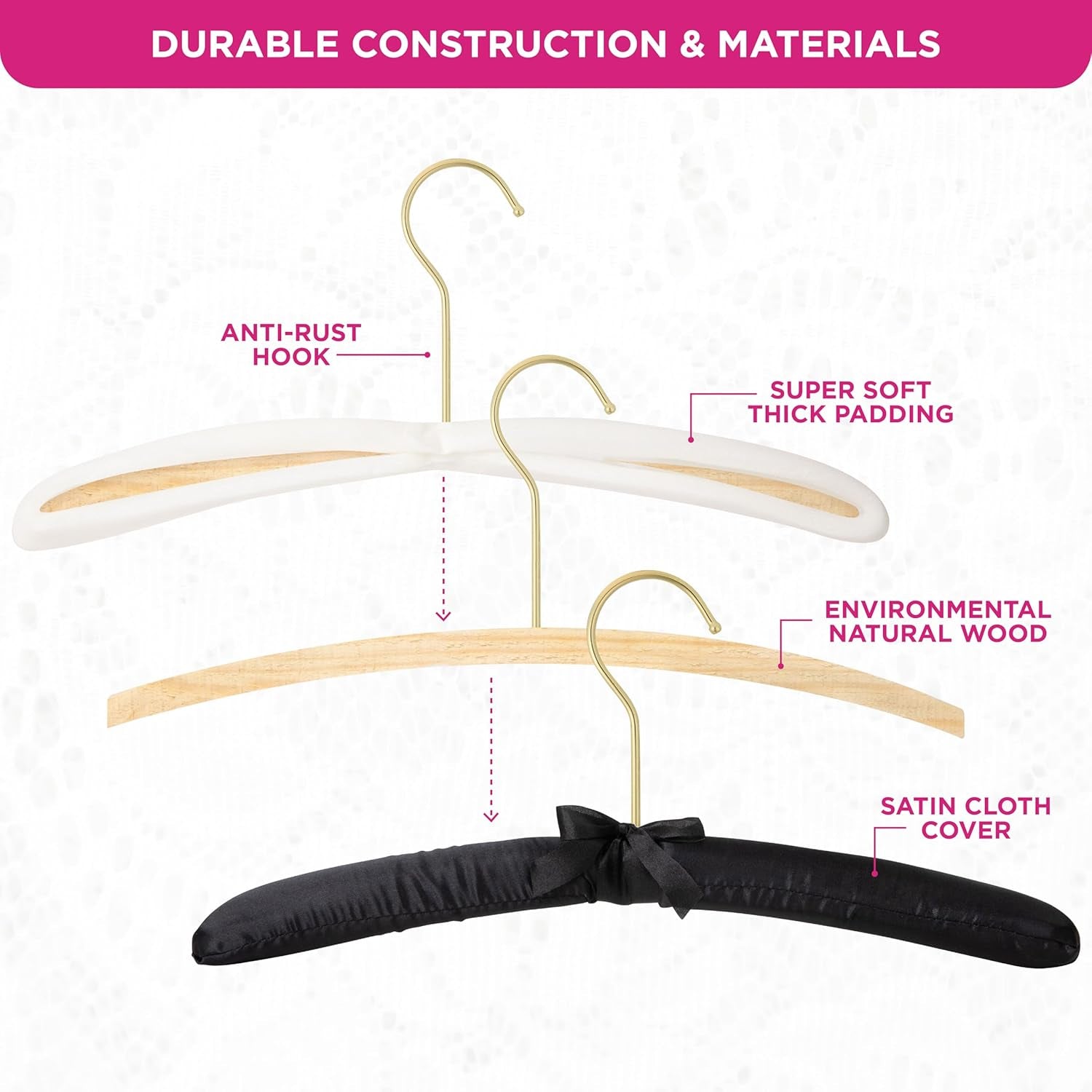 Padded Clothing Fabric Hangers for Women Clothing - Set of 12 Premium Hangers for Closet, Bride Hanger for Wedding Dress, Sweater - Black