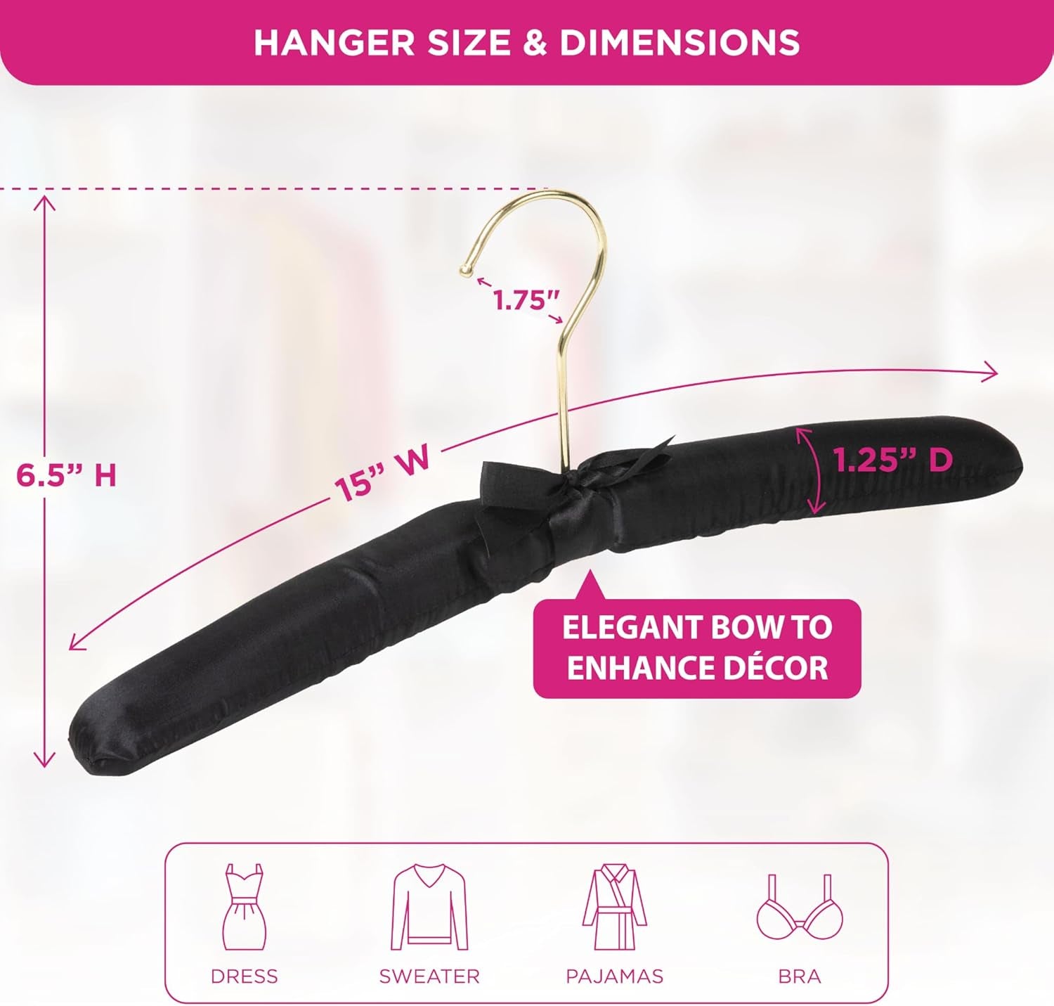 Padded Clothing Fabric Hangers for Women Clothing - Set of 12 Premium Hangers for Closet, Bride Hanger for Wedding Dress, Sweater - Black